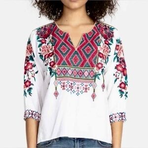 NEW Johnny Was Annaliese Boxy Peasant Blouse Floral Embroidered Linen Size XS/S